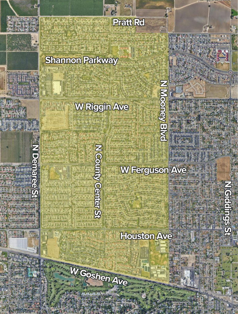 Map of Visalia, Yellow outline of treatment area